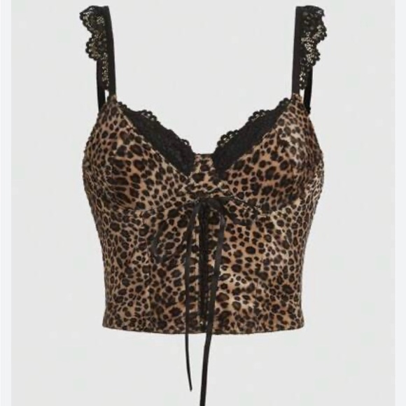 Leopard Print Lace Trim Cami Top - Picture 1 of 7